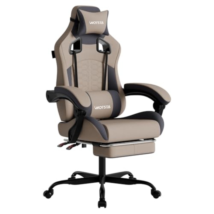 Gaming Chair - เก้าอี้เกมมิ่งพร้อมฟังก์ชันนวด, เก้าอี้เกมมิ่งสำหรับพีซีที่ออกแบบตามหลักสรีรศาสตร์ สีเทา พร้อมที่พักเท้า, พนักพิงศีรษะและที่รองรับส่วนหลังที่นั่งสบาย, พนักพิงสูง