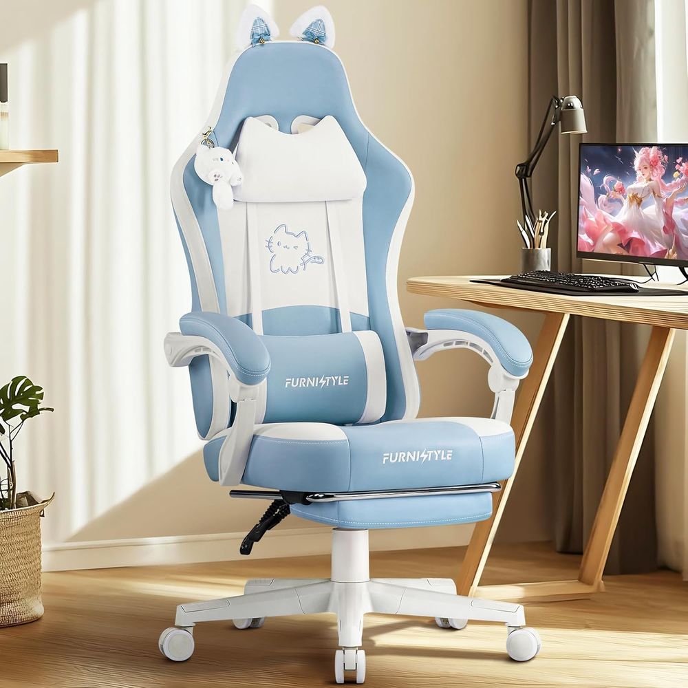 Gaming Chair - เก้าอี้เกมมิ่งสีน้ำเงิน/ขาว ออกแบบตามหลักสรีรศาสตร์ พร้อมพนักพิงหลังและฟังก์ชั่นนวดเพื่อความสบายในการเล่นเกม