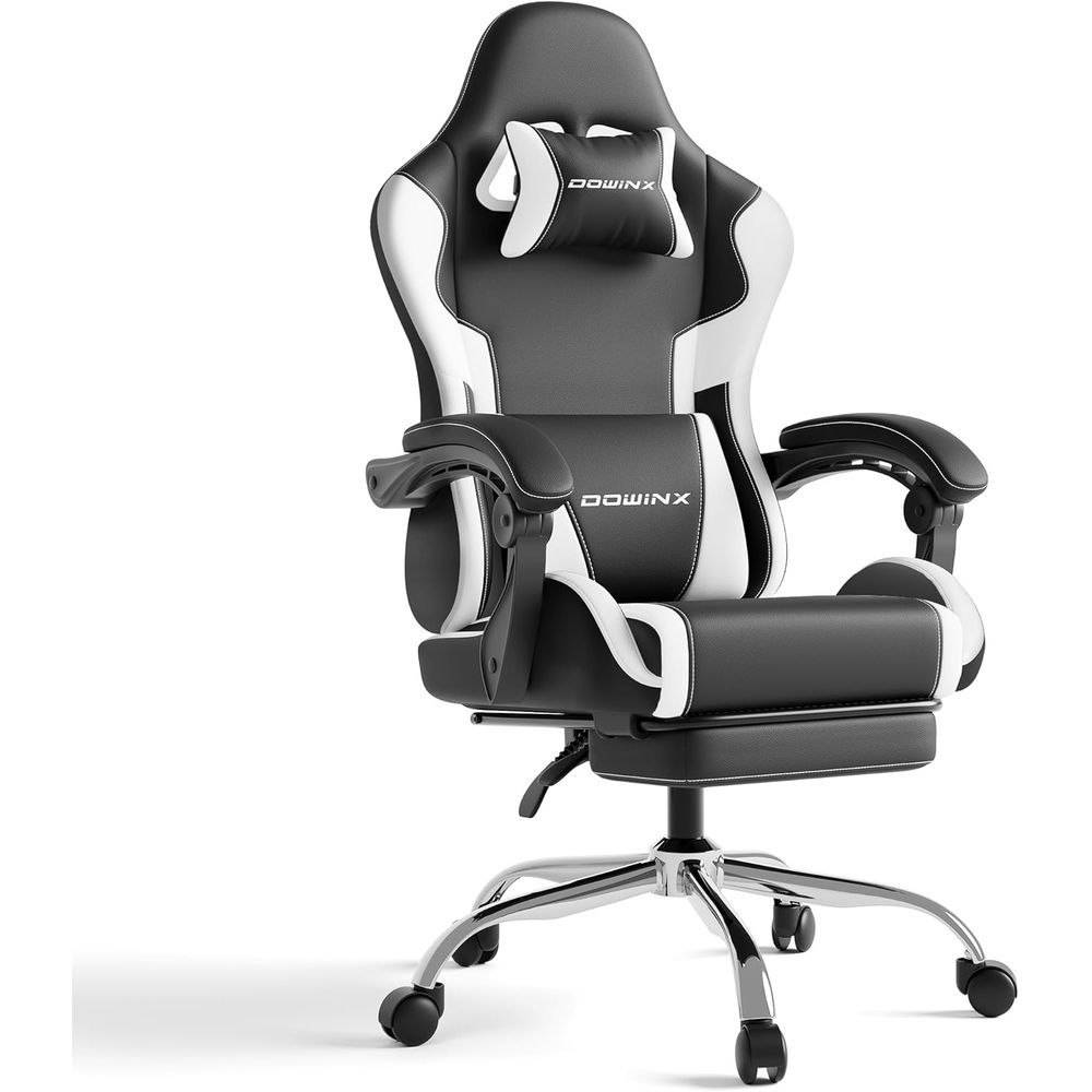 Gaming Chair - เก้าอี้เล่นเกมตามหลักสรีรศาสตร์พร้อมที่รองรับหลังและหมอนรองศีรษะ รับน้ำหนักได้ 330 ปอนด์ สีขาว เหมาะสำหรับใช้ในบ้าน