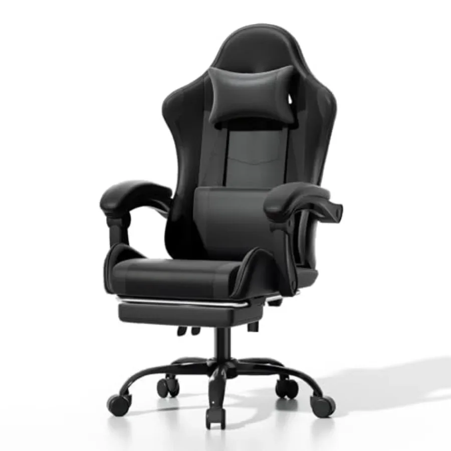 Gaming Chair - เก้าอี้เกมมิ่งตามหลักสรีรศาสตร์ พร้อมที่พักเท้า สำหรับใช้ในบ้านหรือสำนักงาน พนักพิงตาข่ายและเบาะนั่งหนัง PU สีดำ