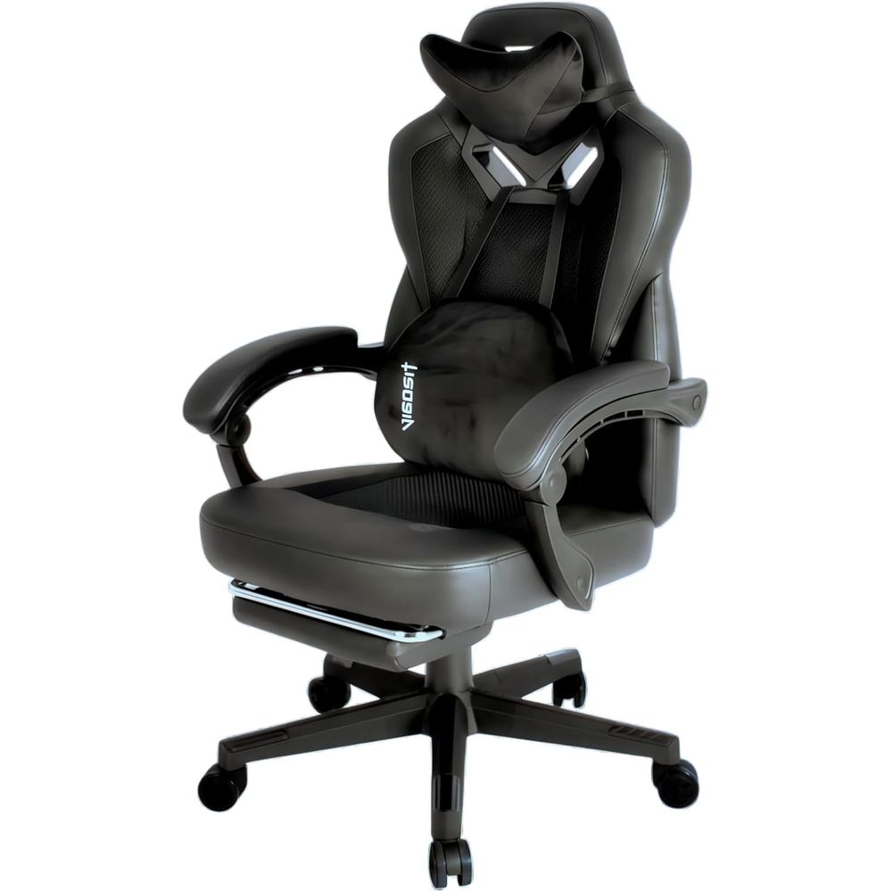 Gaming Chair - เก้าอี้สำนักงานปรับเอนตามหลักสรีรศาสตร์พร้อมที่วางเท้าและพนักพิงหลังสำหรับผู้ใหญ่ที่มีน้ำหนักมาก เก้าอี้เกมมิ่งตาข่ายบุนวม (สีดำ)
