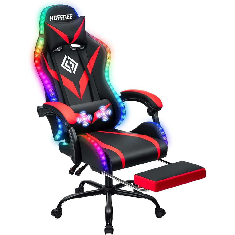Gaming Chair - เก้าอี้เล่นเกมพนักพิงสูงตามหลักสรีรศาสตร์พร้อมระบบนวด ไฟ LED และที่รองรับหลังส่วนล่างแบบปรับได้ - สีแดงและสีดำ