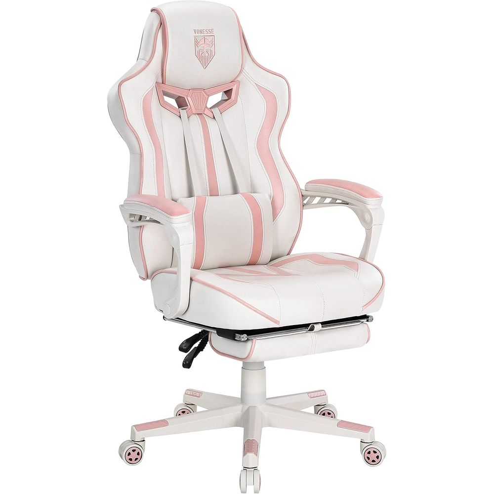 Gaming Chair - เก้าอี้เกมมิ่งพนักพิงสูงตามหลักสรีรศาสตร์ พร้อมที่พักเท้าและระบบนวด สีขาวและชมพู สำหรับผู้ใหญ่